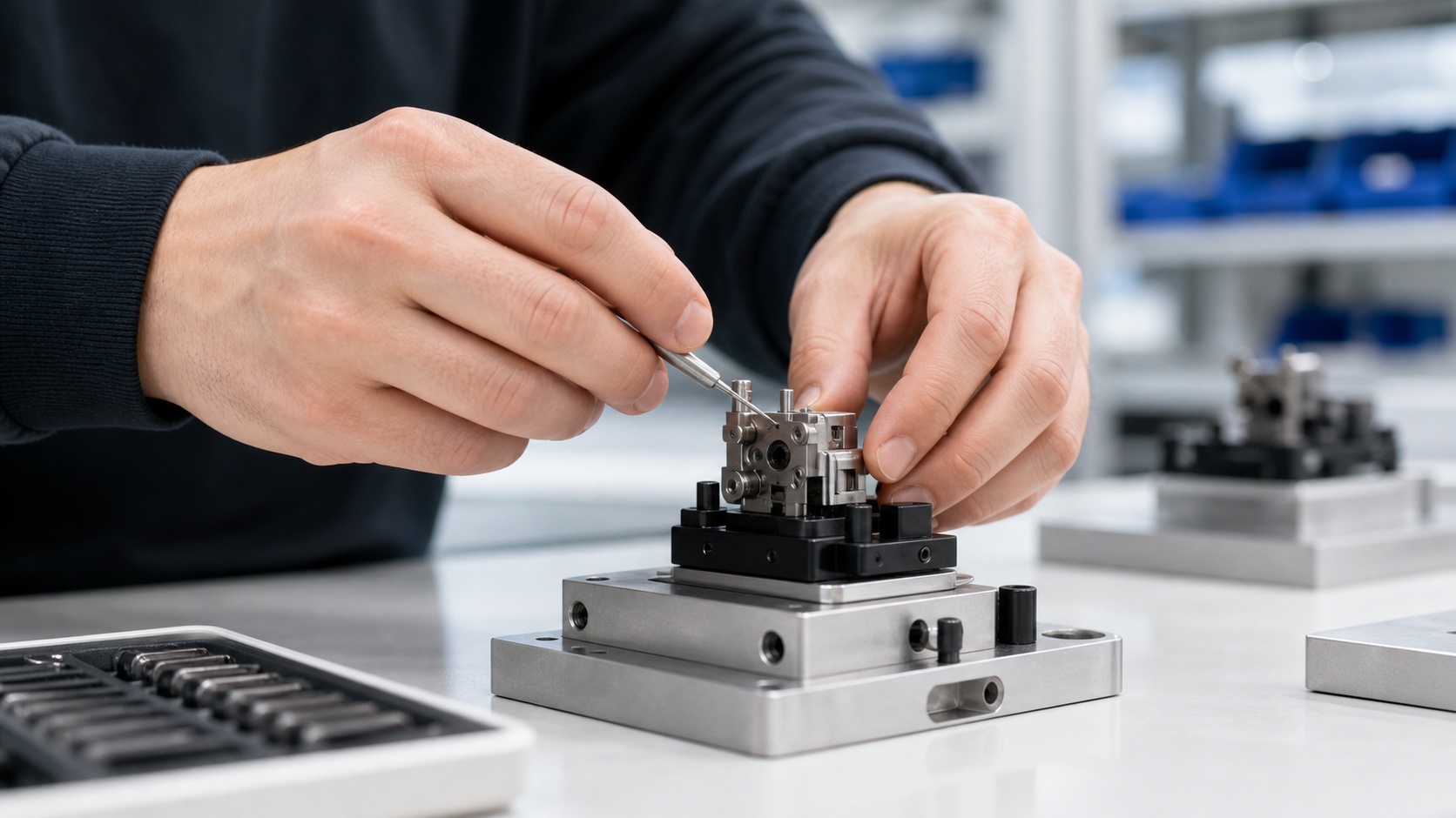 A person assembling a small mechanical part by hand